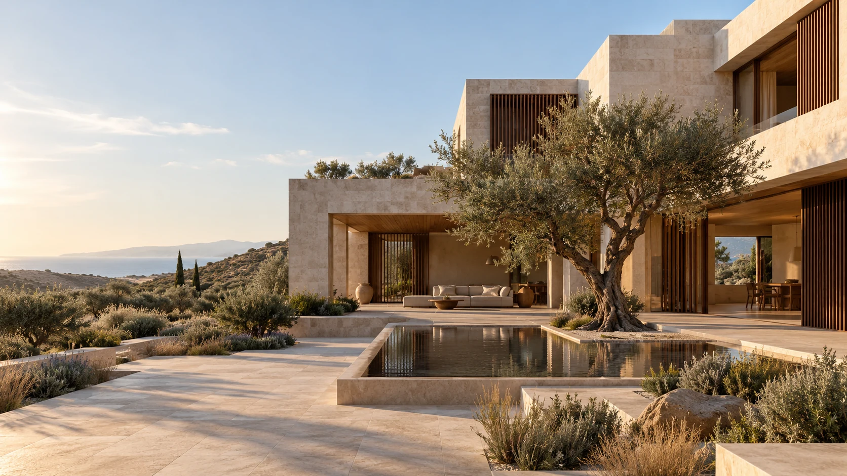Architectural concept of a limestone residence with timber screens, an olive courtyard and a reflecting pool